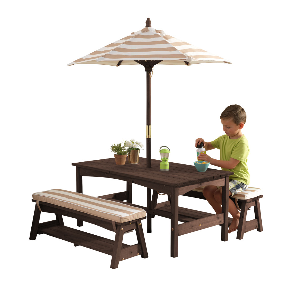 KidKraft Kids Outdoor Wooden Table and Bench Set - Oatmeal & White Stripe Patio Furniture
