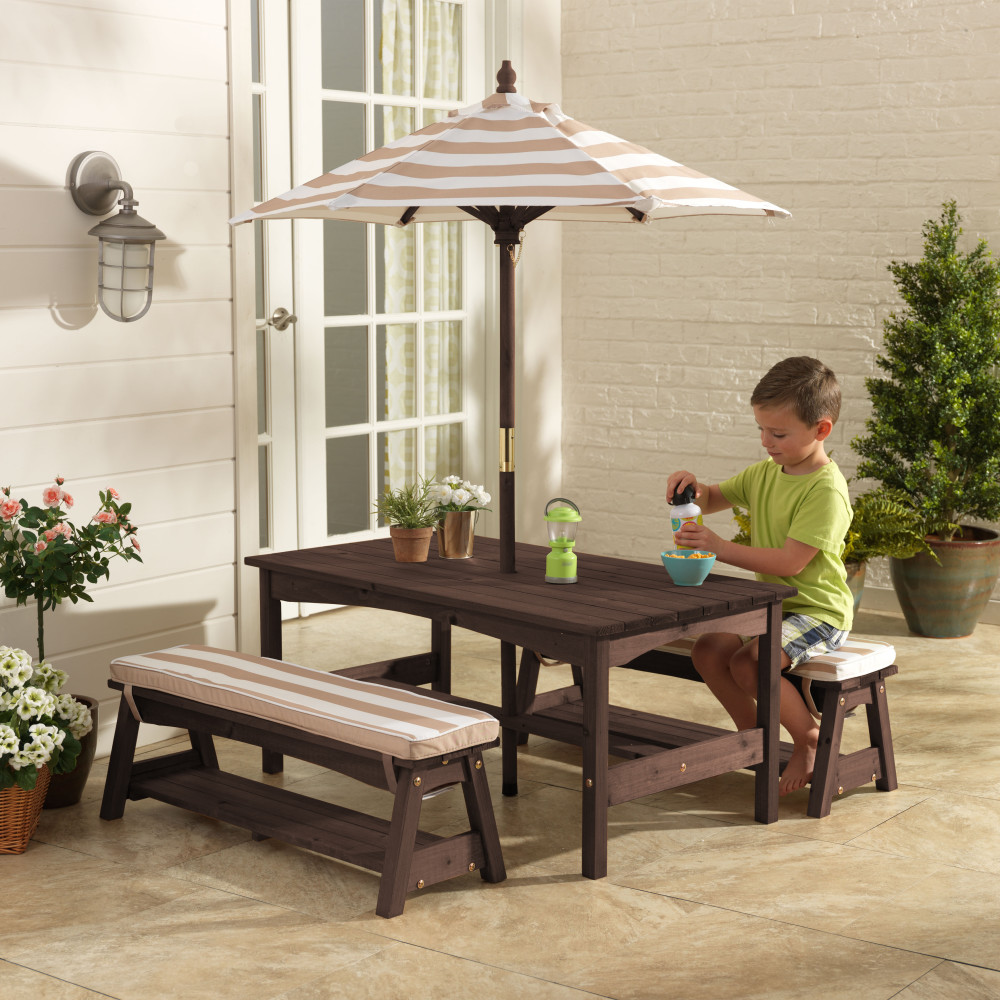 KidKraft Kids Outdoor Wooden Table and Bench Set - Oatmeal & White Stripe Patio Furniture