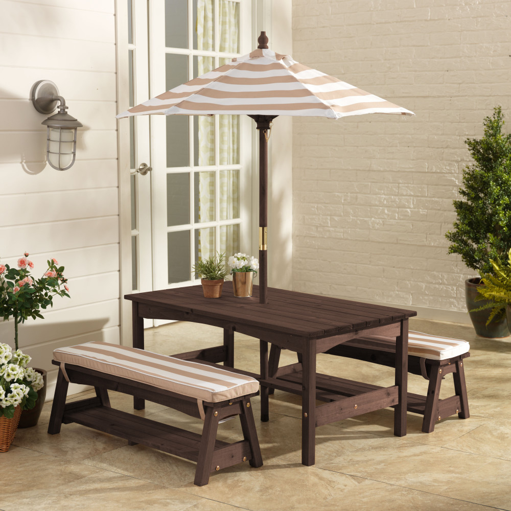 KidKraft Kids Outdoor Wooden Table and Bench Set - Oatmeal & White Stripe Patio Furniture