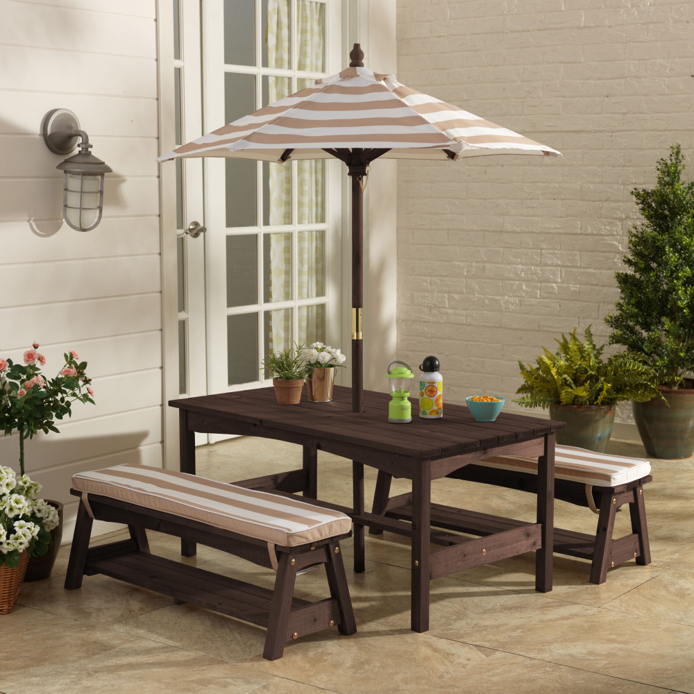 KidKraft Kids Outdoor Wooden Table and Bench Set - Oatmeal & White Stripe Patio Furniture