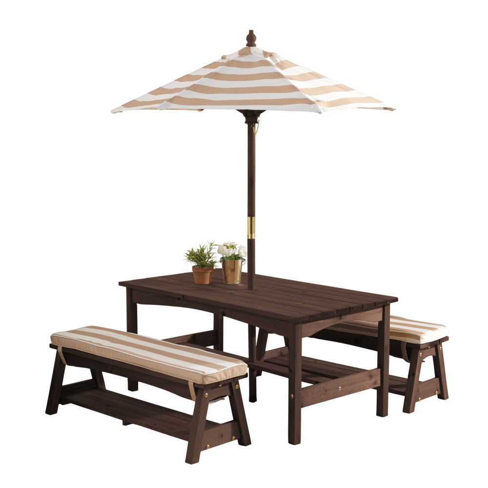 KidKraft Kids Outdoor Wooden Table and Bench Set - Oatmeal & White Stripe Patio Furniture