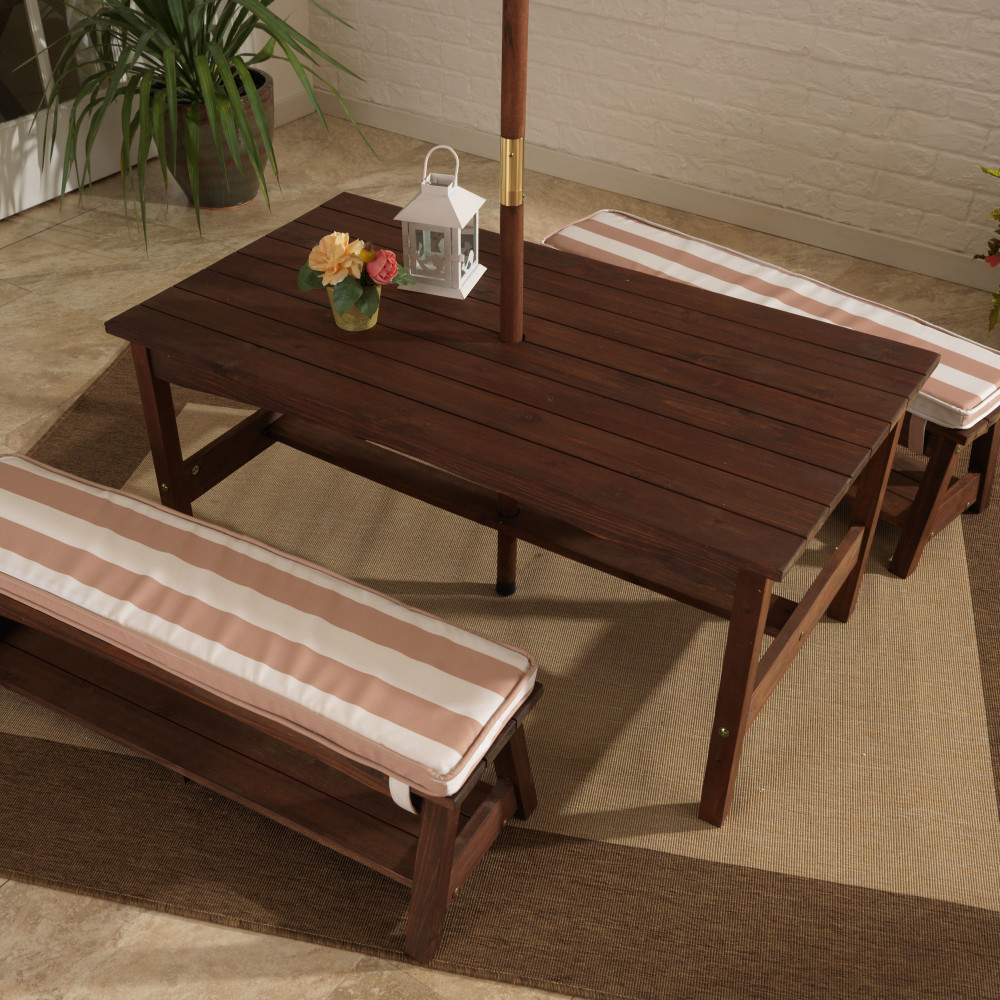 KidKraft Kids Outdoor Wooden Table and Bench Set - Oatmeal & White Stripe Patio Furniture