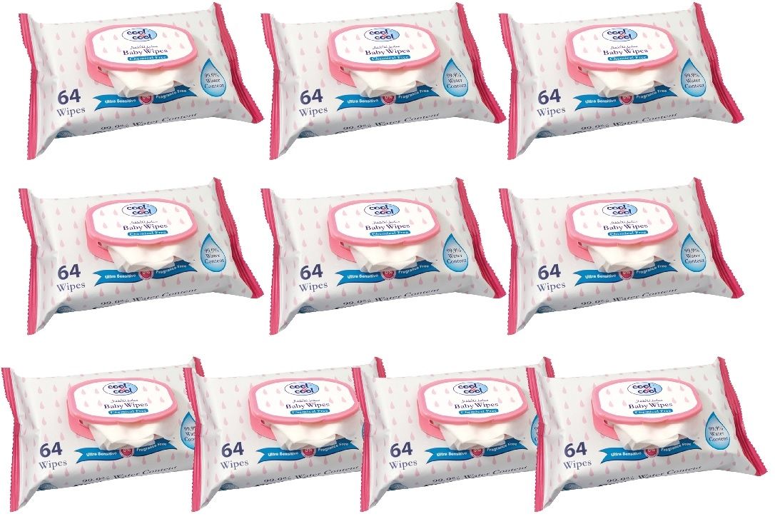 Cool & Cool - 99.9% Water Content Baby Wipes, 64's - Bundle of 10