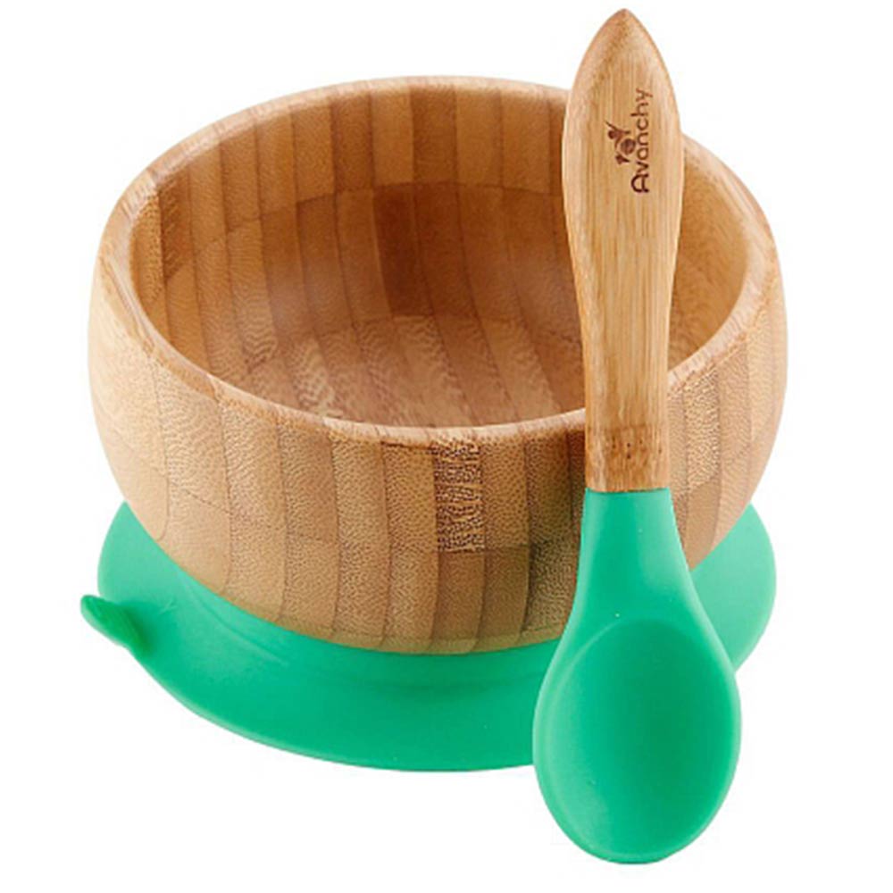 Avanchy - Baby Bamboo Stay Put Suction Bowl + Spoon - Green
