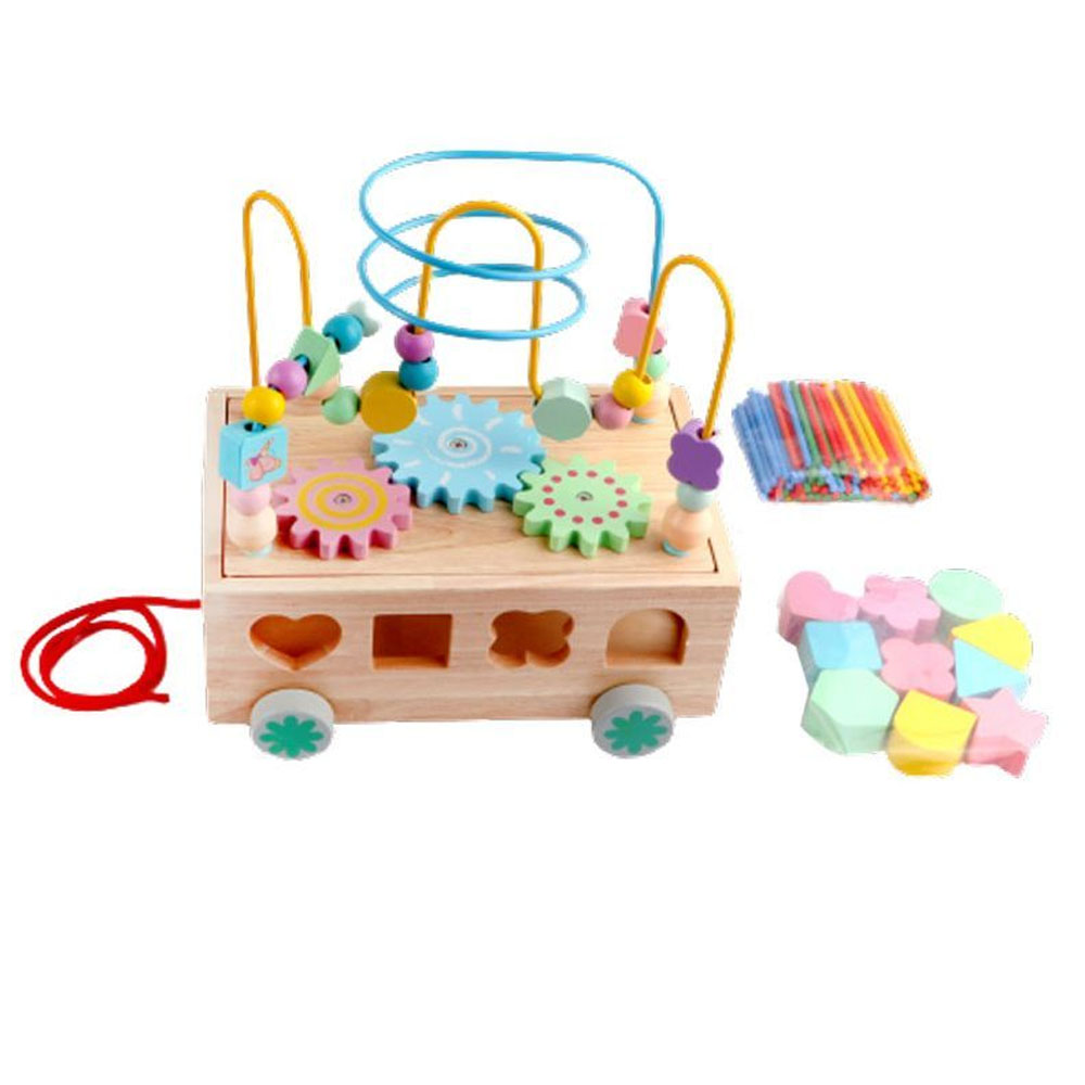 Factory Price - Multifunctional 4-In-1 Wooden Activity Cube With A Bead Winding Pull Along Car - Shape Design