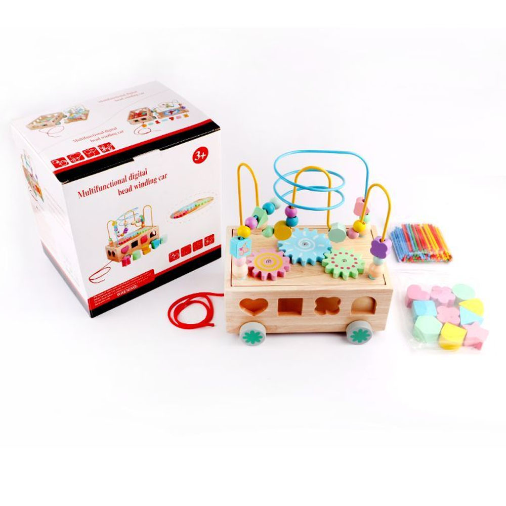 Factory Price - Multifunctional 4-In-1 Wooden Activity Cube With A Bead Winding Pull Along Car - Shape Design