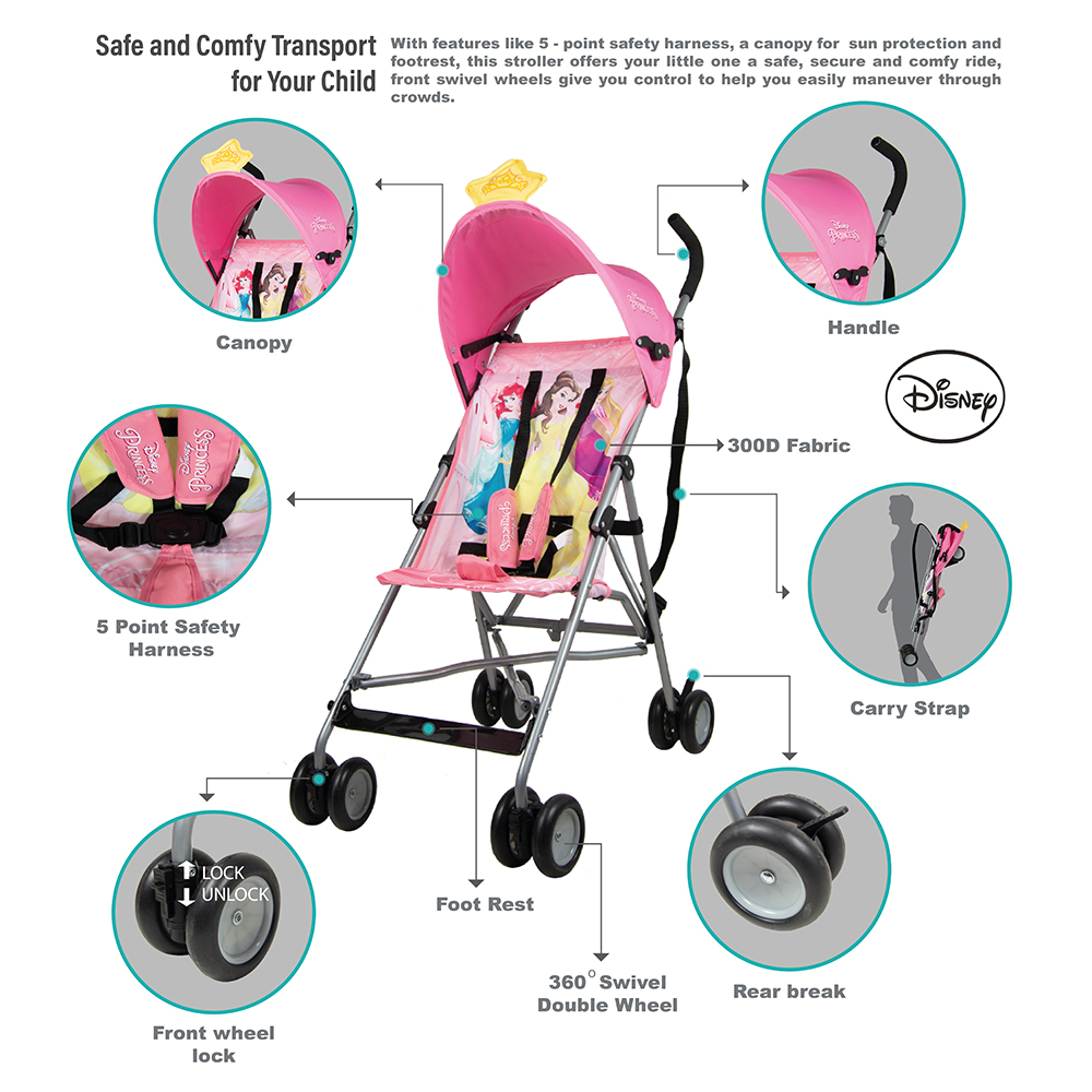 Disney Princess 3D Crown Lightweight Buggy Stroller Light Pink Babystore.ae