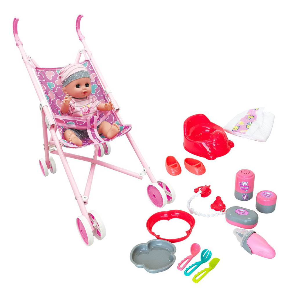 Baby Amoura - Hayati Drink and Pee Stroller Set 14 Inch Battery Opertaed