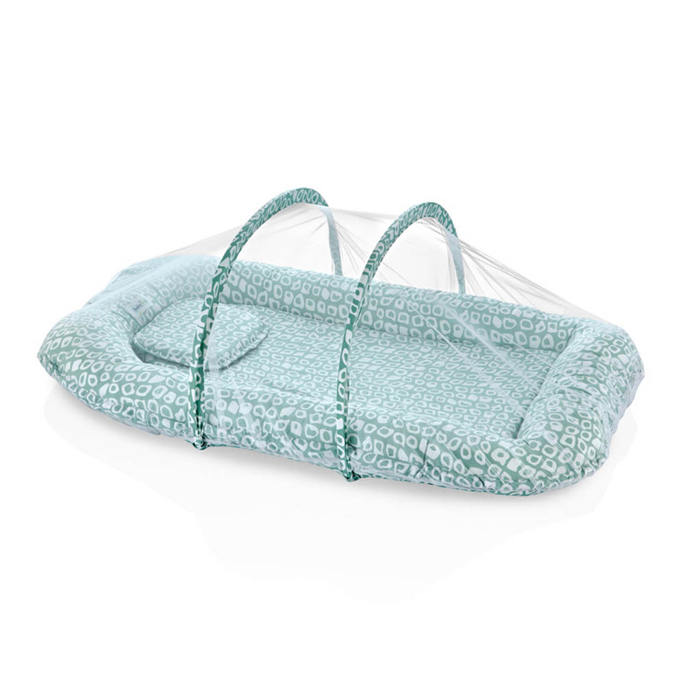 Babyjem - Sleeping Pad With Mosquito Net - Green Square Design 0 Months+