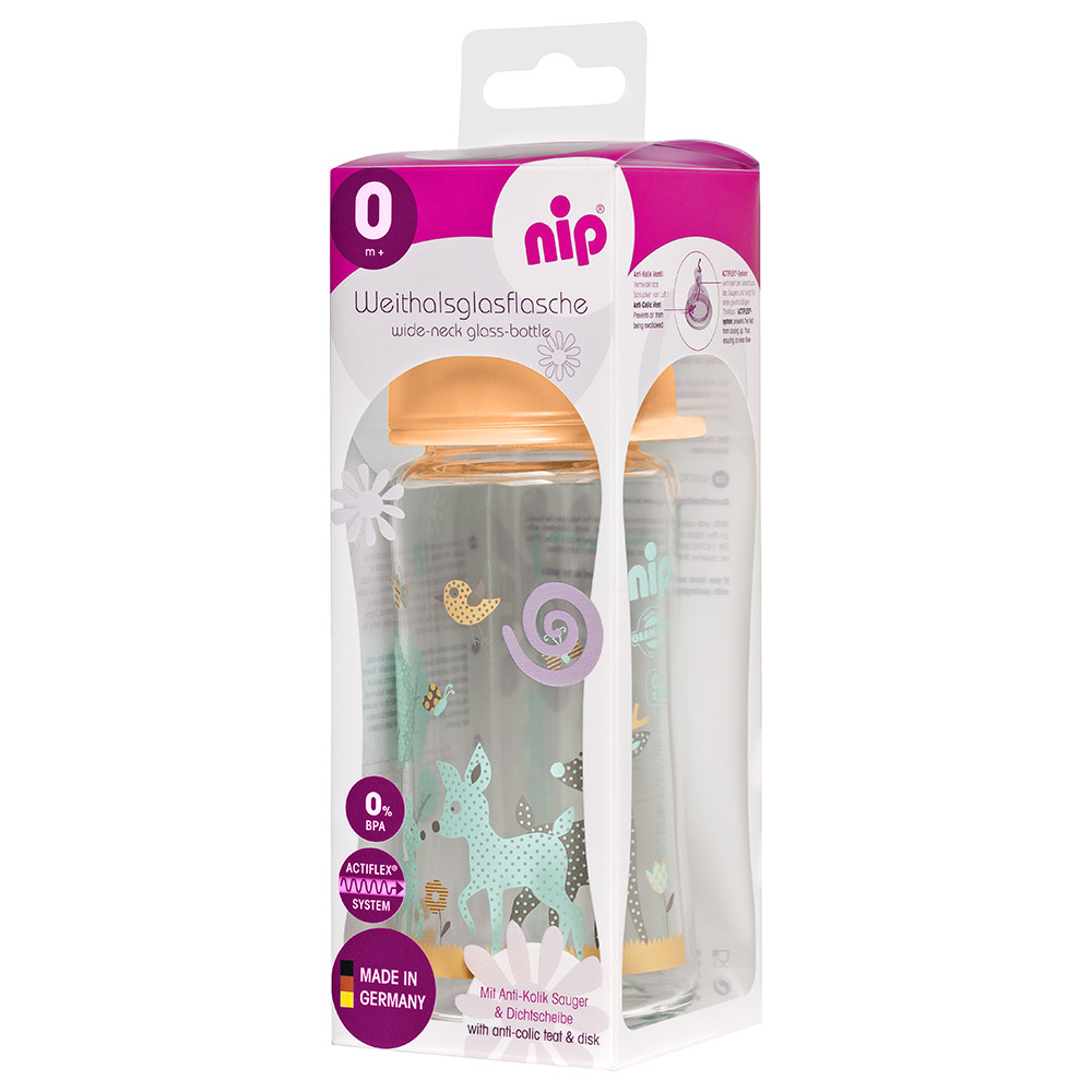 Nip - Wide Neck Glass Bottle 240ml 0m+ - Deer Girl