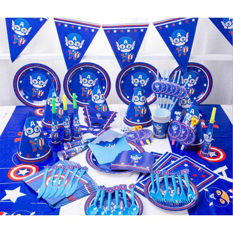 Brain Giggles - Captain America Theme Disposable Tableware 16 Items/Set For 6 People - 100 Pcs