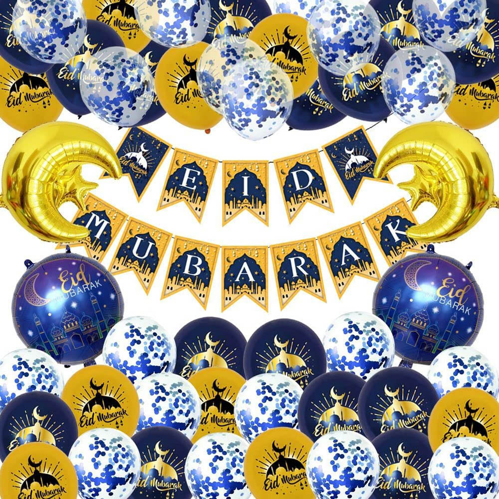 Brain Giggles - Eid Mubarak Decoration - Eid Mubarak Banner And Eid Mubarak Balloons - Gold And Blue (Set Of 50)