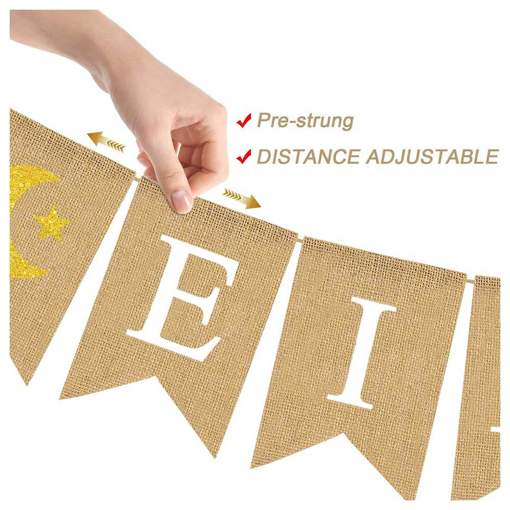 Brain Giggles - Eid Mubarak Decoration - Jute Burlap Eid Mubarak Banner With Moon And Star