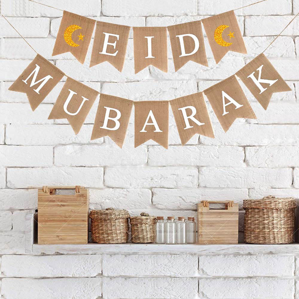 Brain Giggles - Eid Mubarak Decoration - Jute Burlap Eid Mubarak Banner With Moon And Star