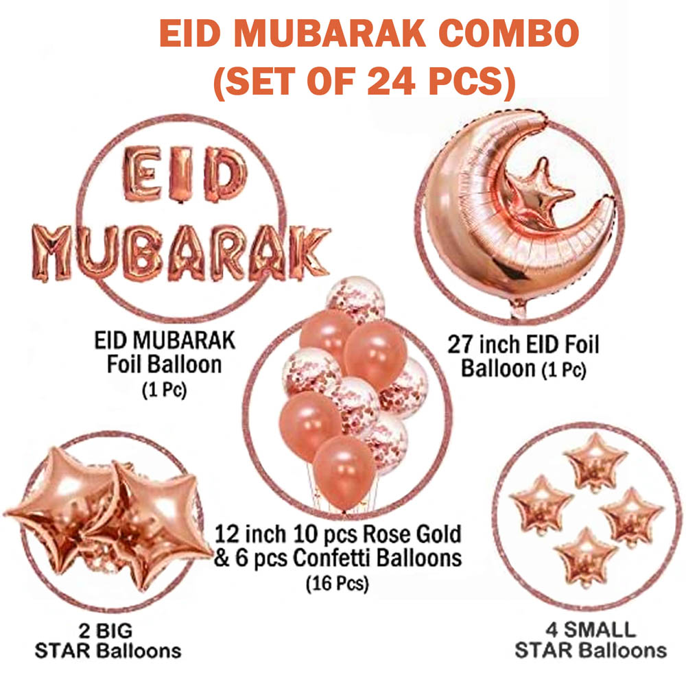 Brain Giggles - Eid Mubarak Rose Gold Balloons Set For Eid Festival Decoration Eid Mubarak Decor Islamic Festival - Pack Of 24