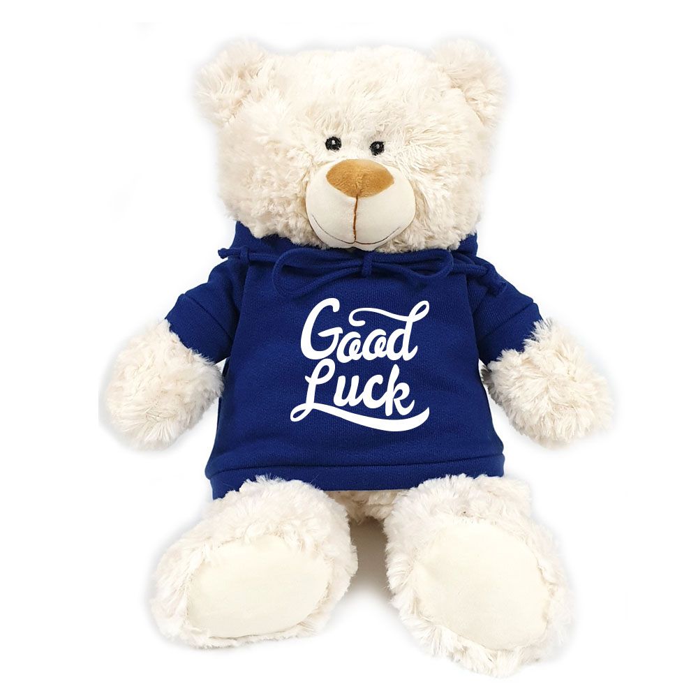 Fay Lawson - Cream Bear W Good Luck Print On Blue Hoodie 38 Cm