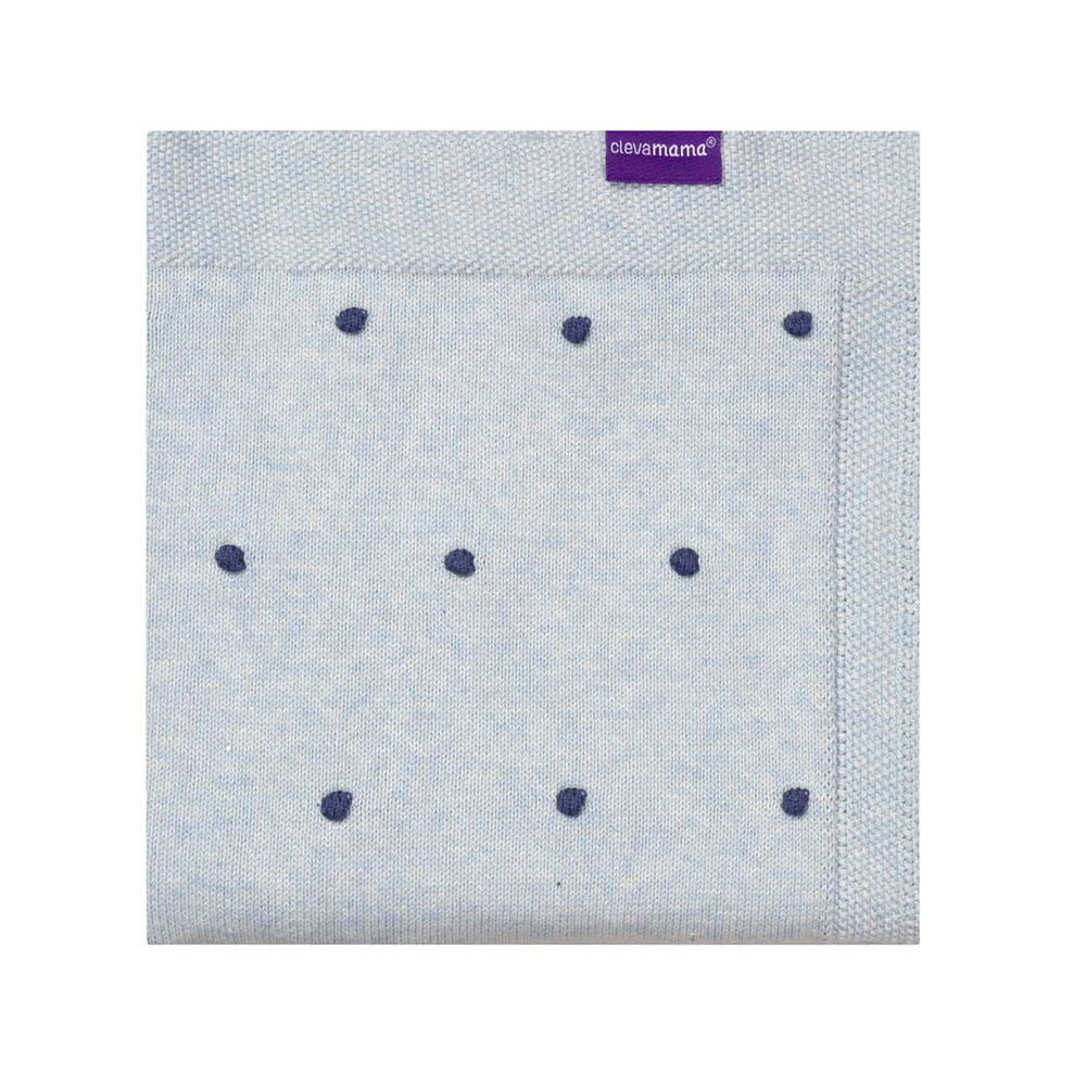 Clevamama - Knitted Pom Pom Baby Blanket - Organic Cotton 80x100cm - Blue