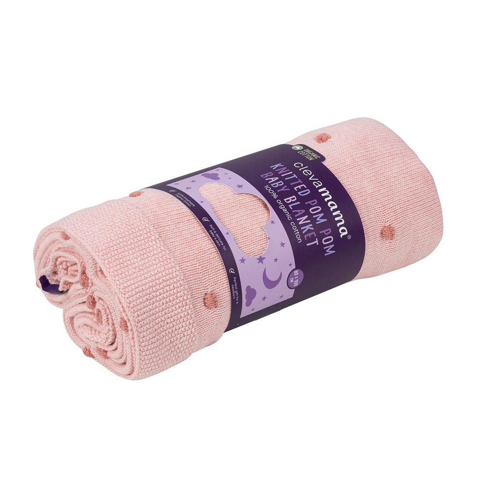 Clevamama - Knitted Pom Pom Baby Blanket - Organic Cotton 80x100cm - Pink