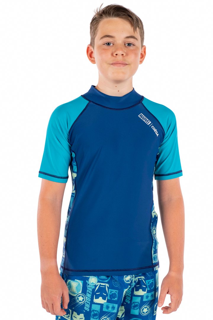 COEGA Marvel Boys Youth Short Sleeve Rashguard- Navy Green Avengers Gamer - 10-14 Years
