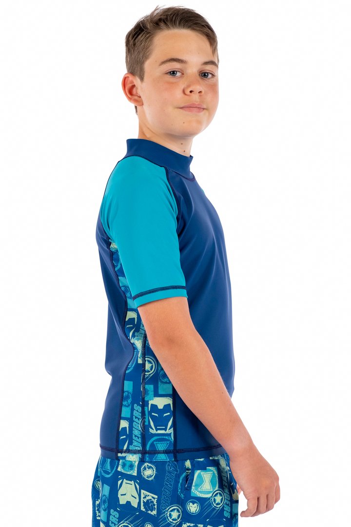 COEGA Marvel Boys Youth Short Sleeve Rashguard- Navy Green Avengers Gamer - 10-14 Years