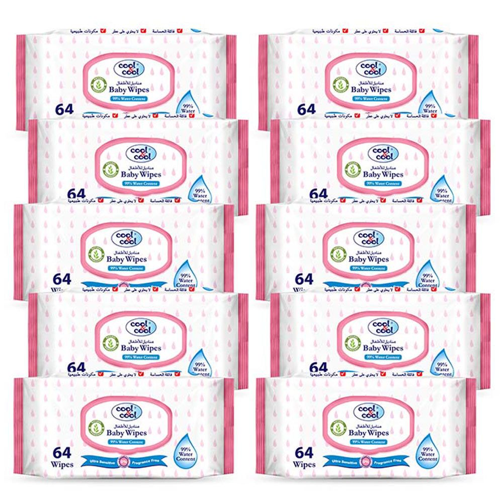 Cool & Cool - 99.9% Water Content Baby Wipes, 64's - Bundle of 10