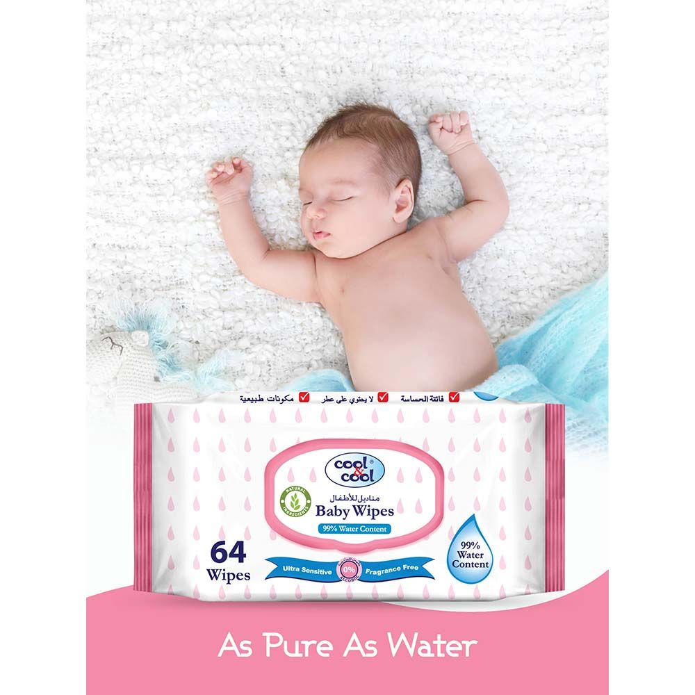 Cool & Cool - 99.9% Water Content Baby Wipes, 64's - Bundle of 10