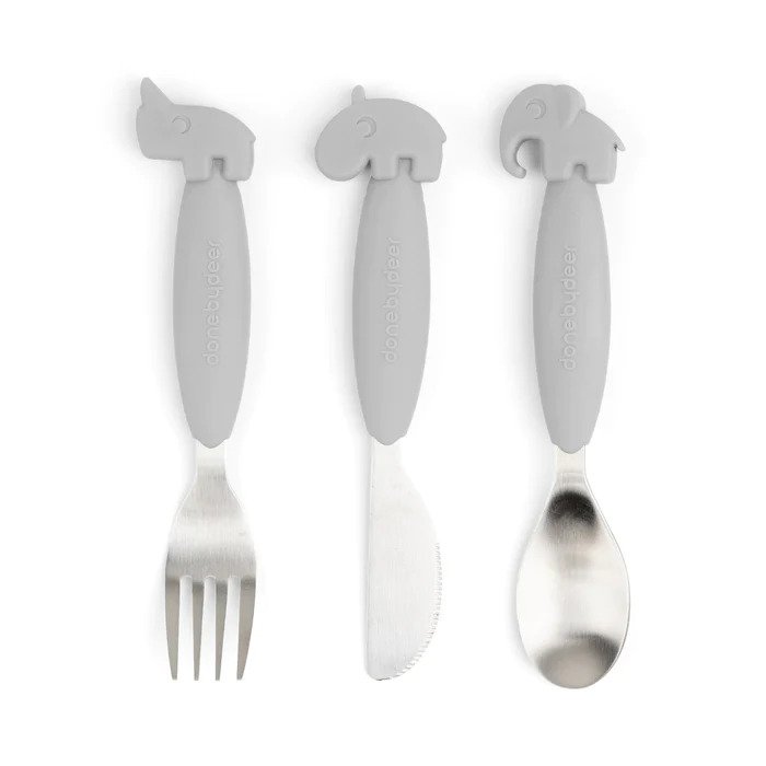 Done by Deer - Easy-Grip Cutlery Set Friends Grey
