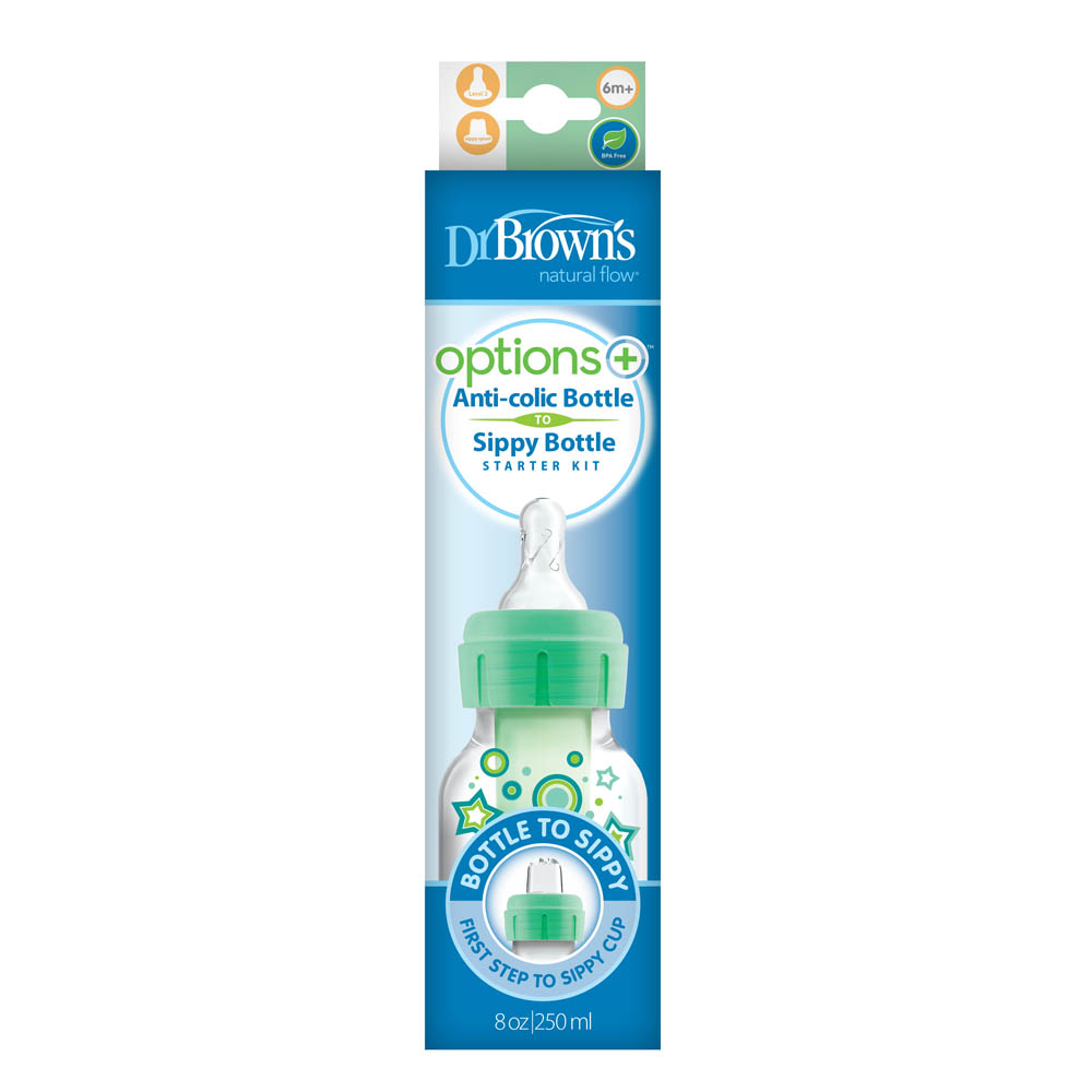 DrBrowns - 8 Oz/250 ml PP Narrow Options+ Bottle to Sippy Starter Kit - Green Stars