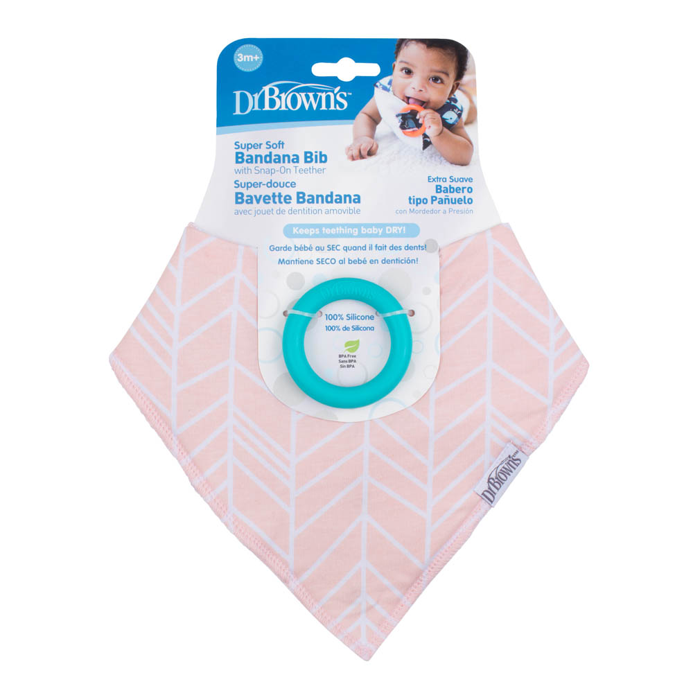 DrBrowns - Bandana Bib W/ Teether - Pack of 1 - Herringbone (Pink W/ Turquoise Teether)