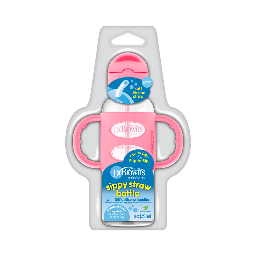 DrBrowns - PP Narrow Sippy Straw Bottle W/ Silicone Handles - Pink - 250ml