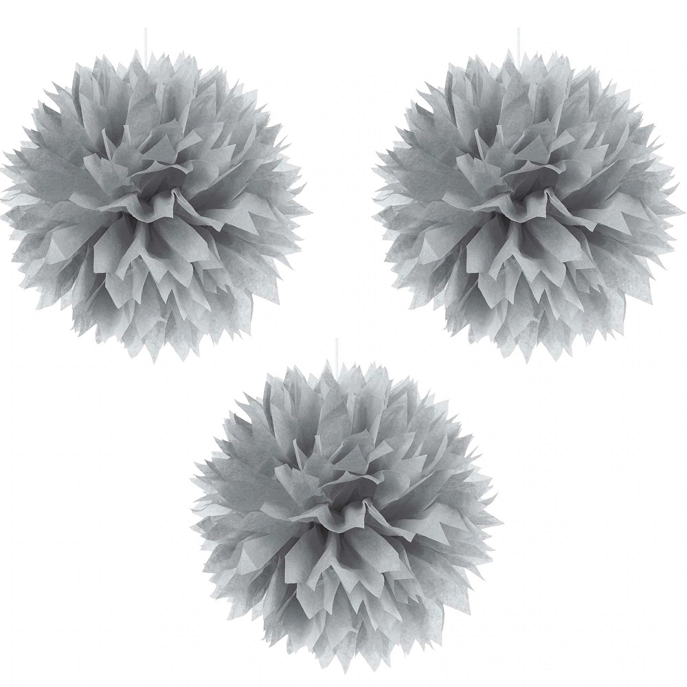 Silver Fluffy Paper Tissue Decorations 3pcs