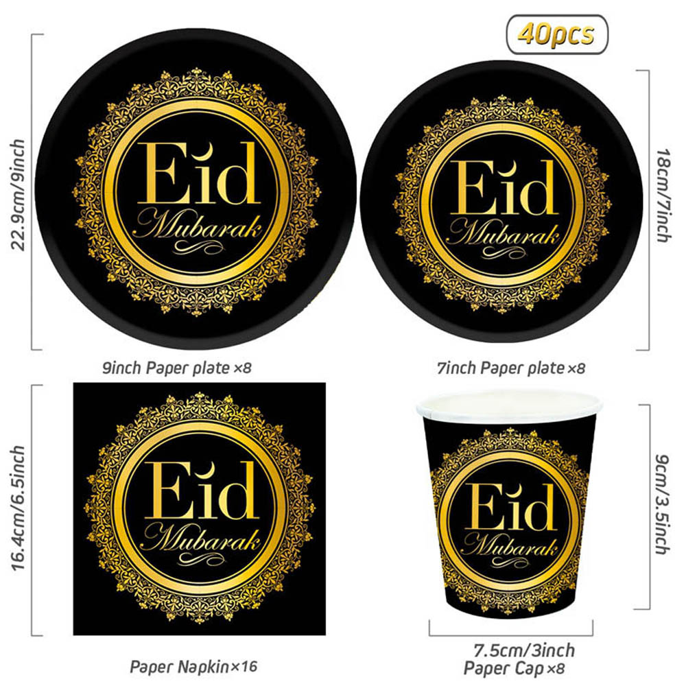 Highland - Black & Gold Eid Plates and Cups Tableware Set