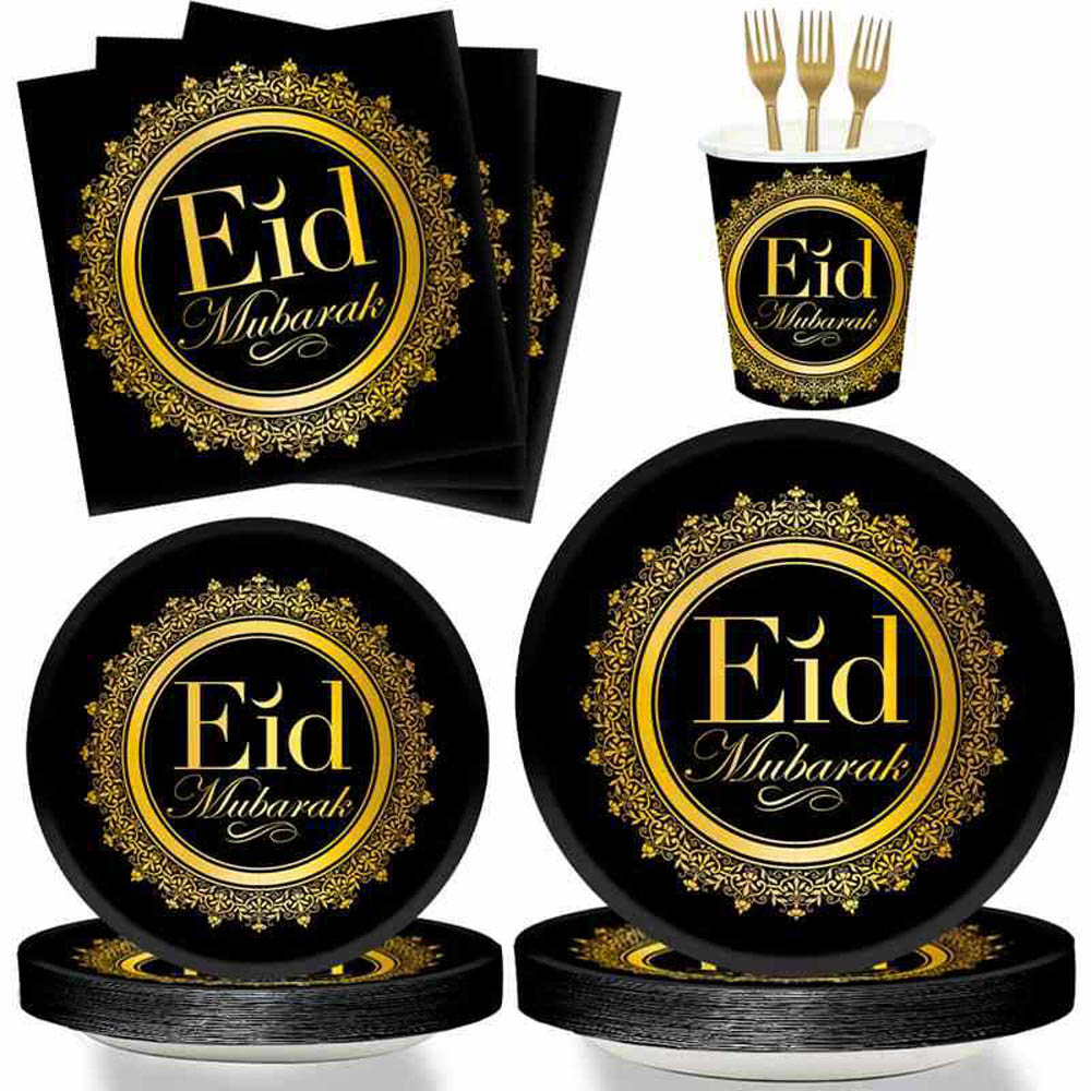 Highland - Black & Gold Eid Plates and Cups Tableware Set