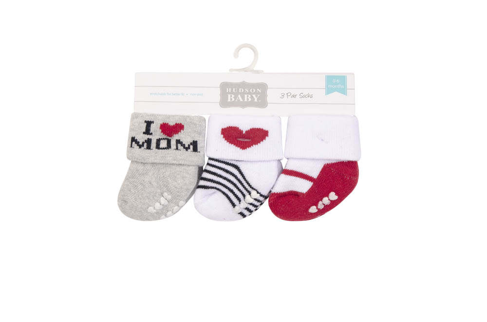 Hudson Childrenswear - Baby Terry Socks With Non-Skid 3Pc Red Mum - Grey