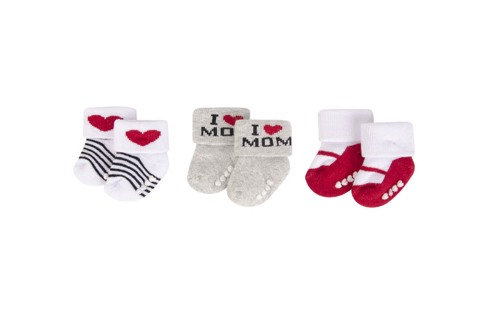 Hudson Childrenswear - Baby Terry Socks With Non-Skid 3Pc Red Mum - Grey