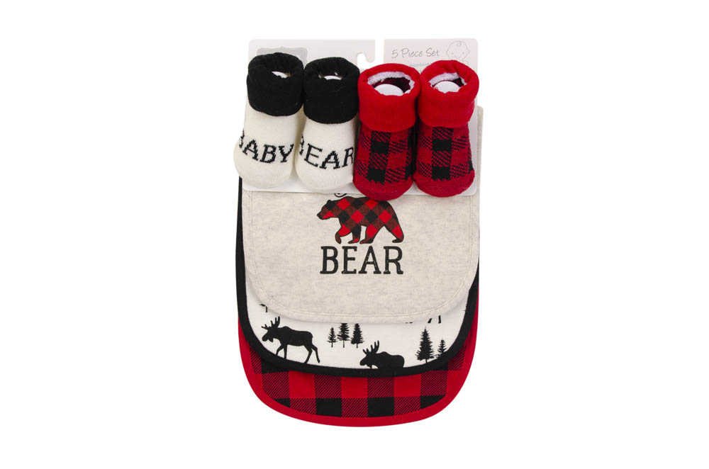 Hudson Childrenswear - Bib & Socks Set 5Pc Baby Bear Plaid - Red