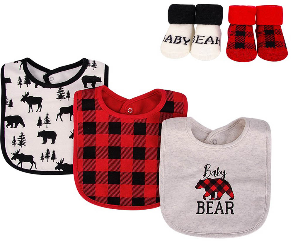 Hudson Childrenswear - Bib & Socks Set 5Pc Baby Bear Plaid - Red