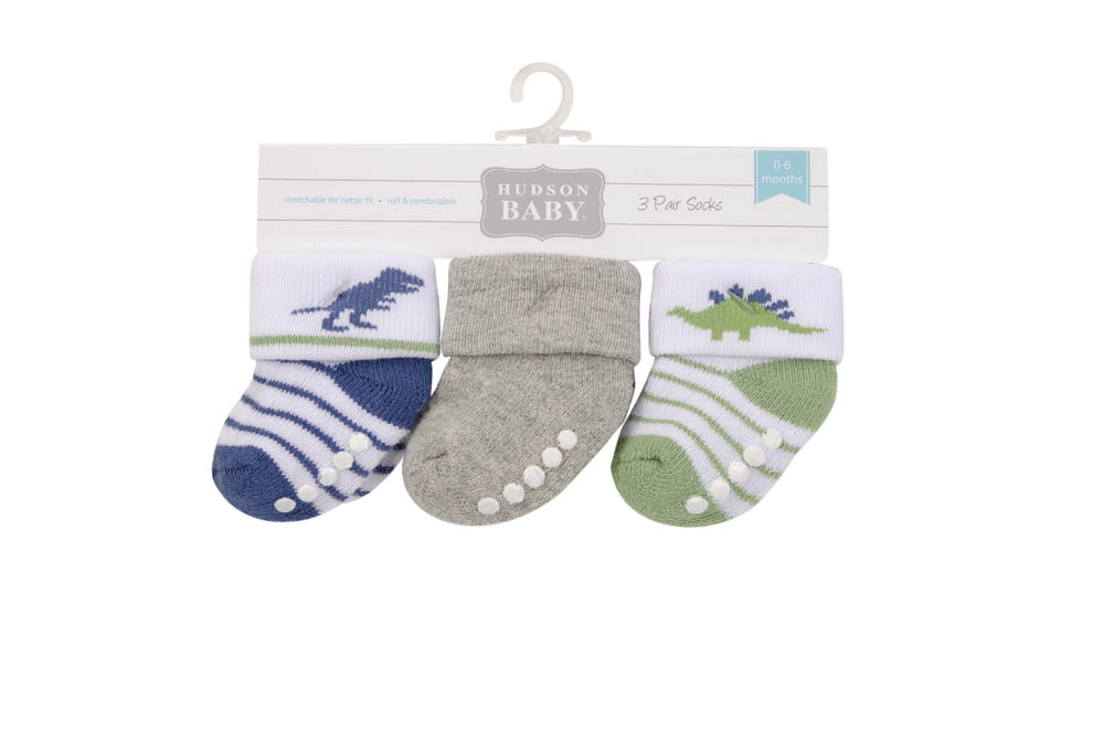 Hudson Childrenswear - Nb Terry Socks With Non-Skid 3Pc Boy Dino - Blue