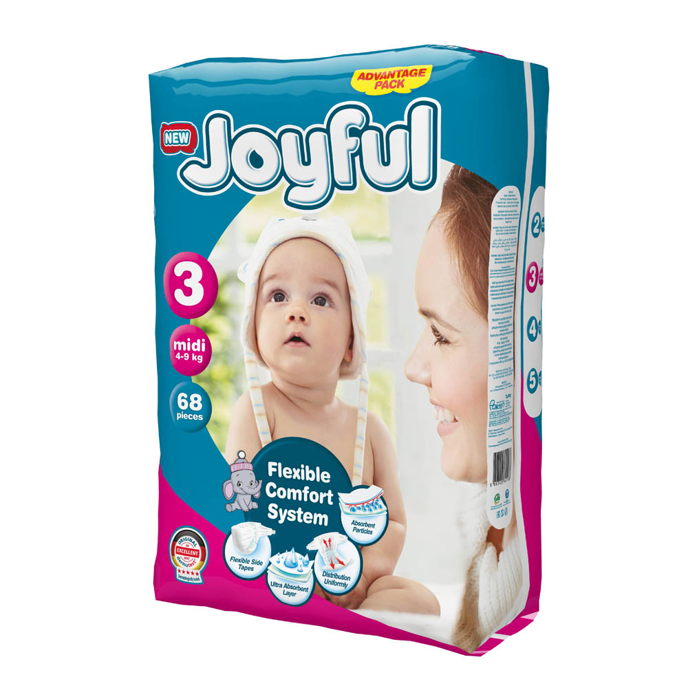Joyful - Baby Diapers - Size 3, Midi, 4-9 kg - Pack of 68