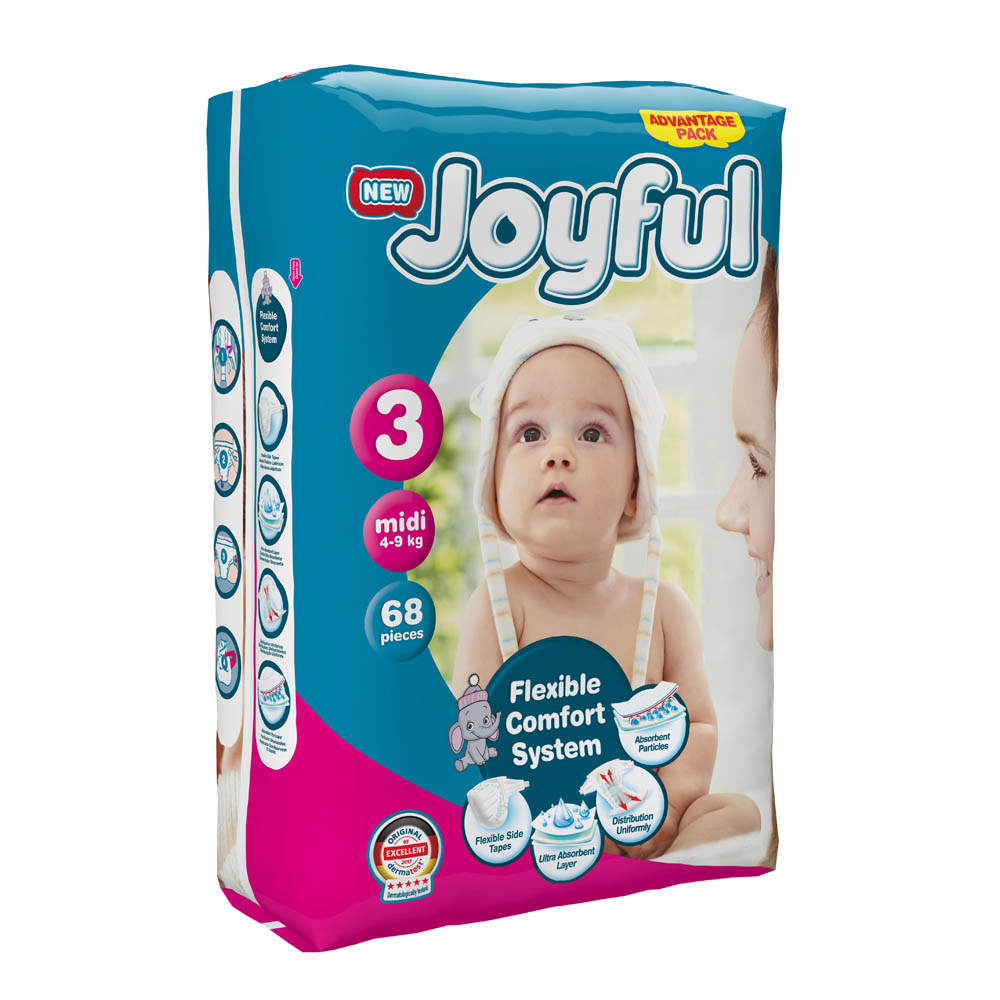 Joyful - Baby Diapers - Size 3, Midi, 4-9 kg - Pack of 68