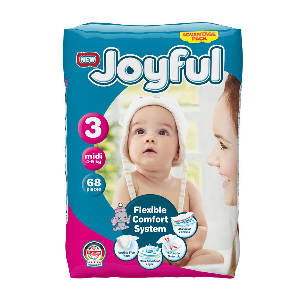 Joyful - Baby Diapers - Size 3, Midi, 4-9 kg - Pack of 68