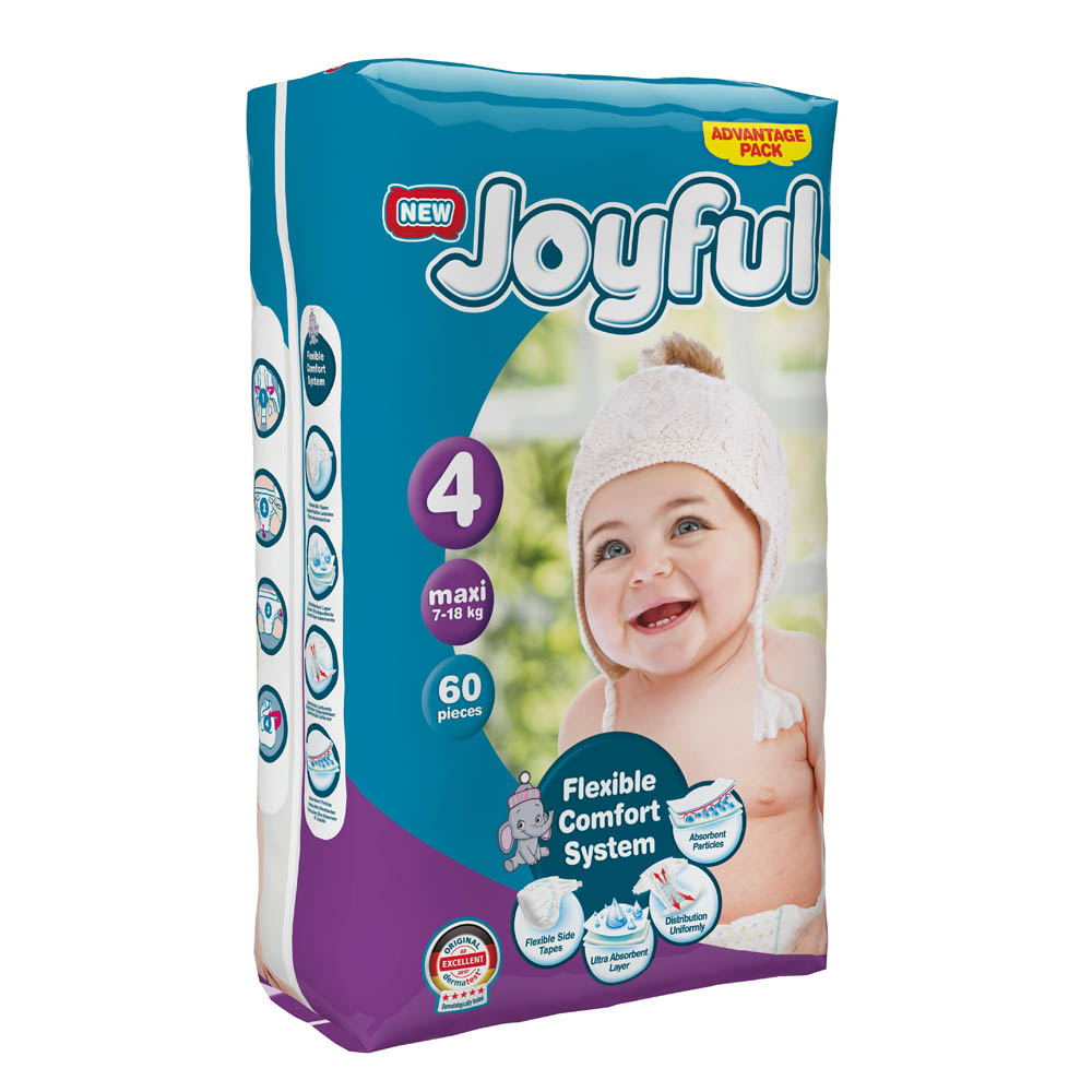 Joyful - Baby Diapers - Size 4, Maxi, 7-18 kg - Pack of 60