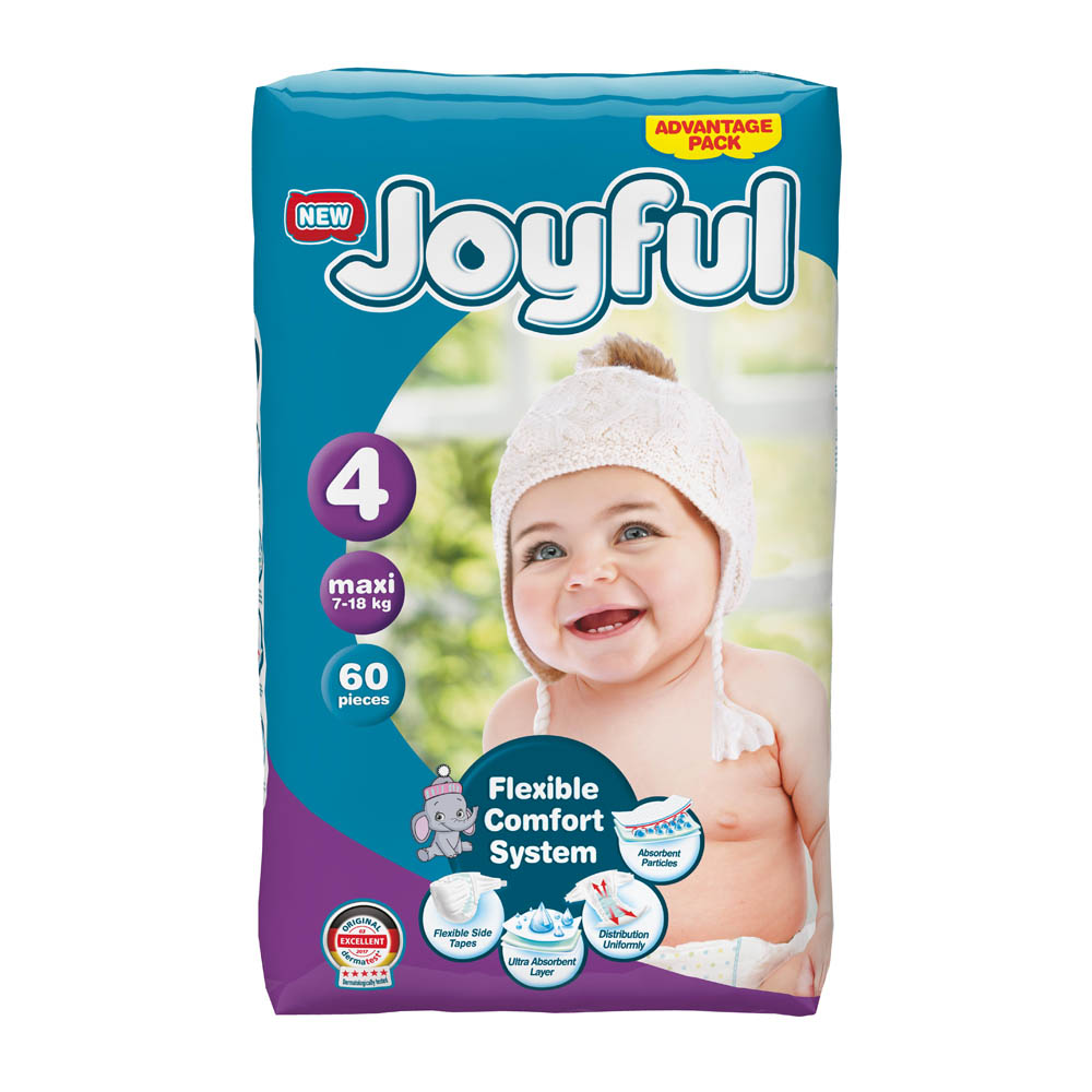 Joyful - Baby Diapers - Size 4, Maxi, 7-18 kg - Pack of 60