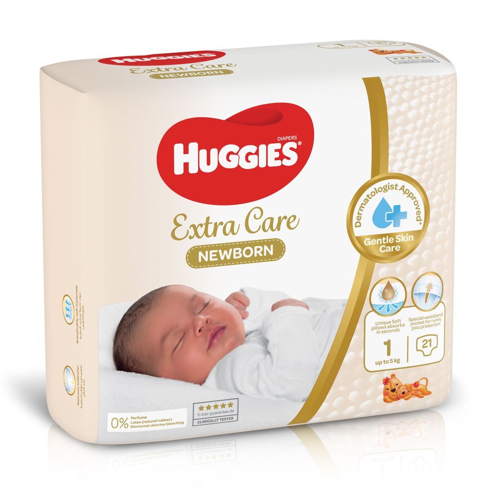Huggies - New Born Diapers, Size 1, Carry Pack, Upto 5 Kg - 21 Diapers