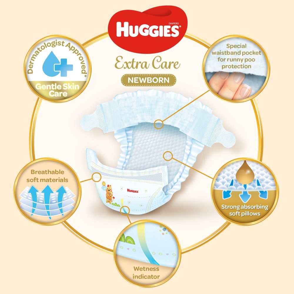 Huggies - New Born Diapers, Size 1, Carry Pack, Upto 5 Kg - 21 Diapers