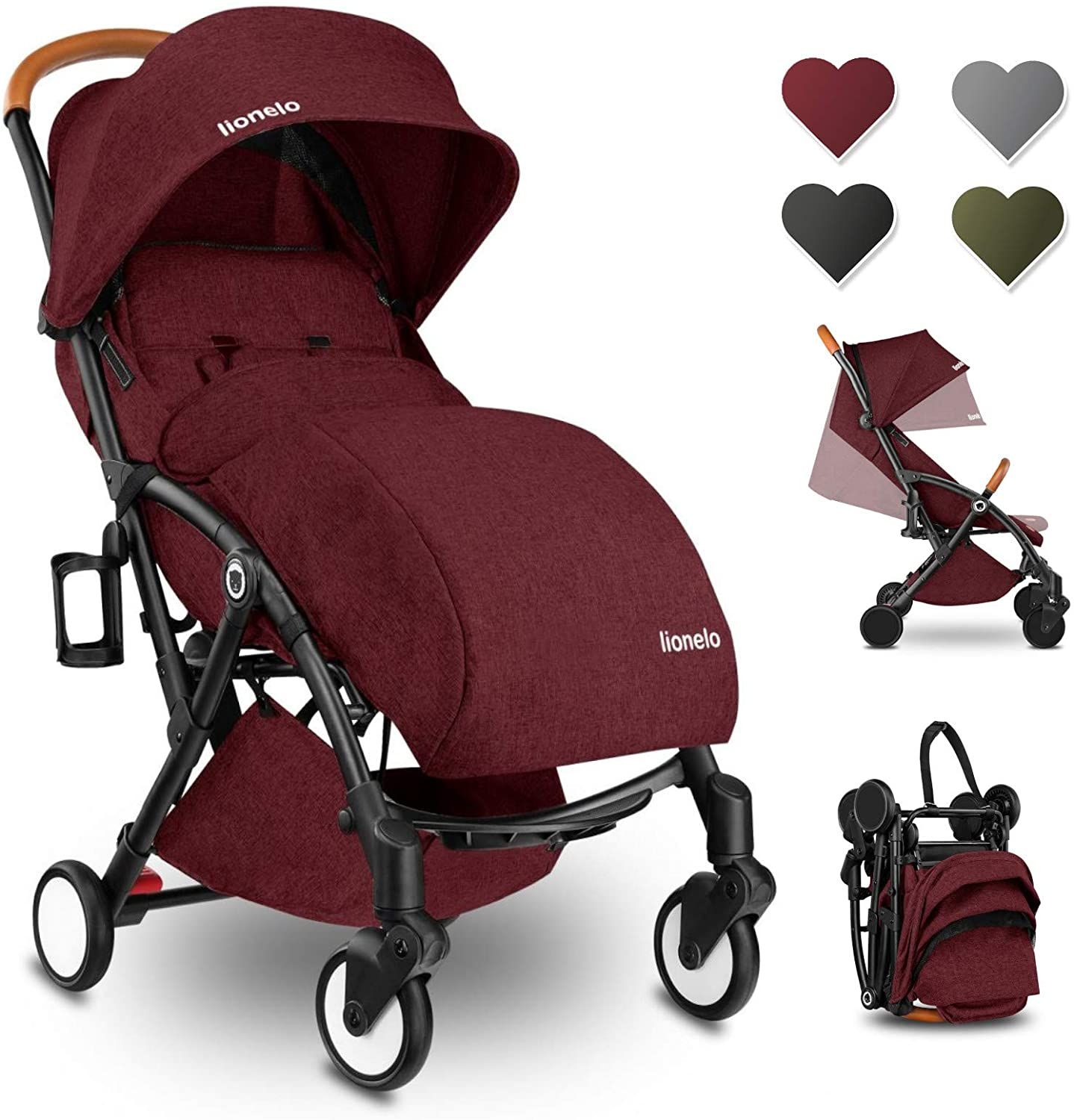 Lionelo Julie Burgundy Stroller Extended Canopy with Mosquito Net And Leg Warmer Babystore.ae