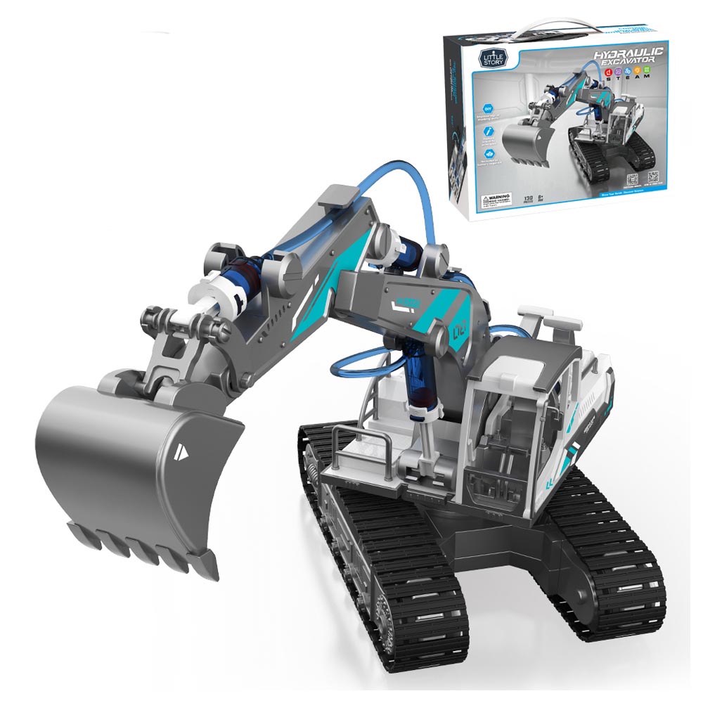 Little Story - DIY Hydraulic Power Principle based 3-IN-1 Excavator/ Bulldozer/ JCB Toy (130 Pcs), STEM Series - Grey