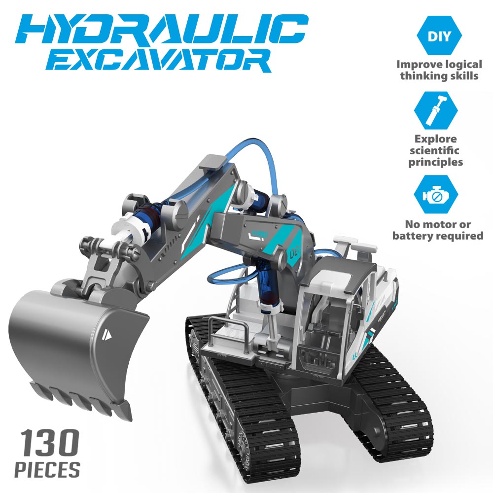Little Story - DIY Hydraulic Power Principle based 3-IN-1 Excavator/ Bulldozer/ JCB Toy (130 Pcs), STEM Series - Grey