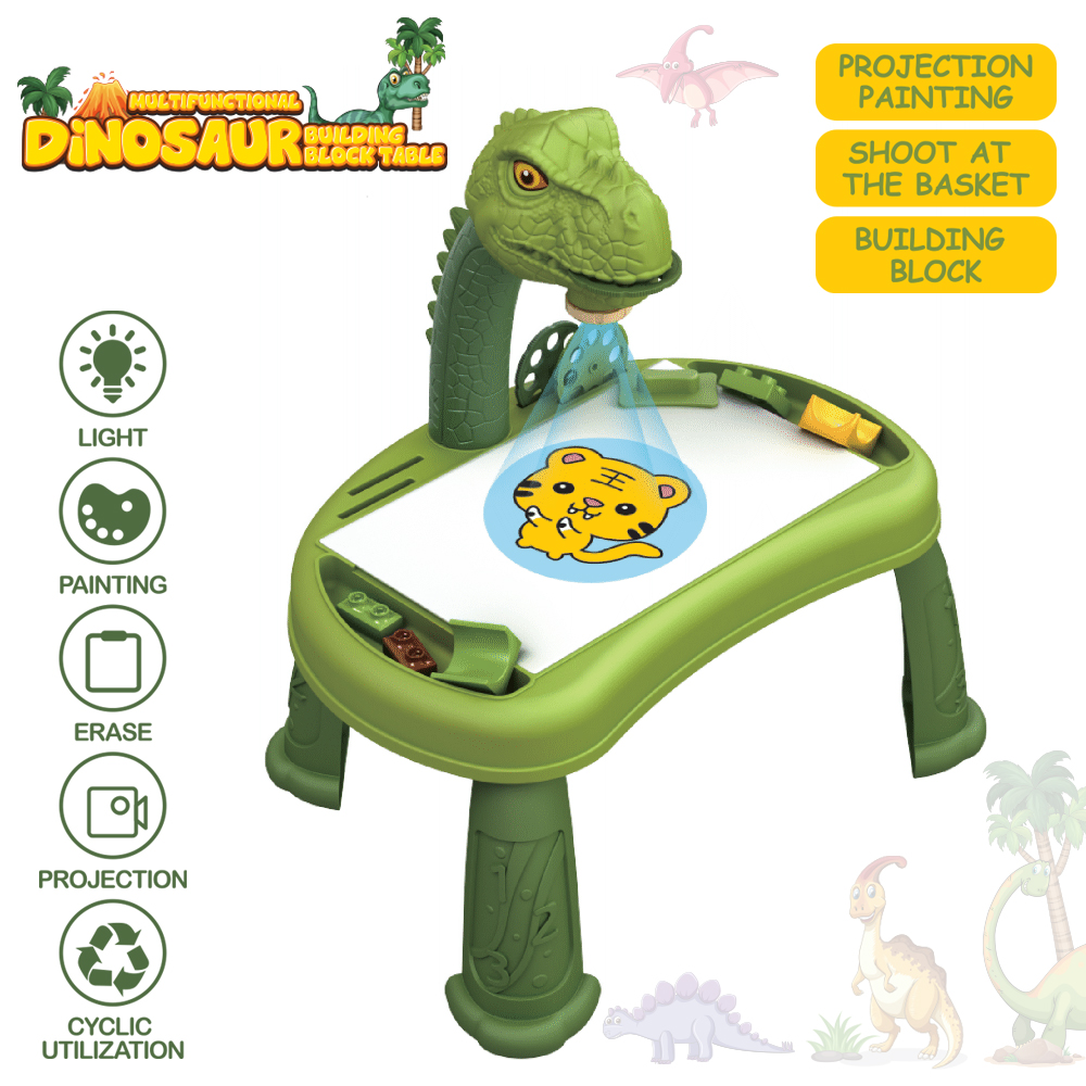 Little Story - DIY T-Rex 3-IN-1 Spinning Puzzle Block Table, Projection Drawing Board & Learning Table Set (81 Pcs), STEM Series - Multicolor
