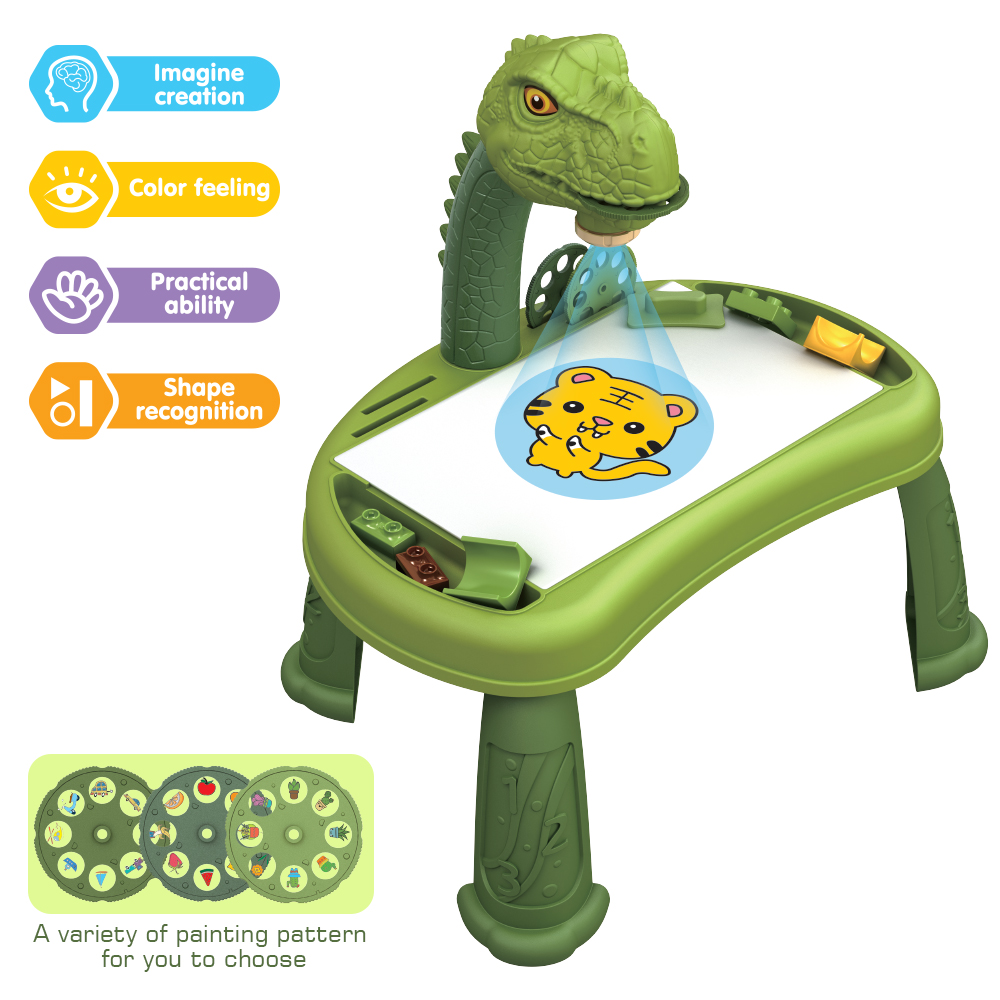 Little Story - DIY T-Rex 3-IN-1 Spinning Puzzle Block Table, Projection Drawing Board & Learning Table Set (81 Pcs), STEM Series - Multicolor